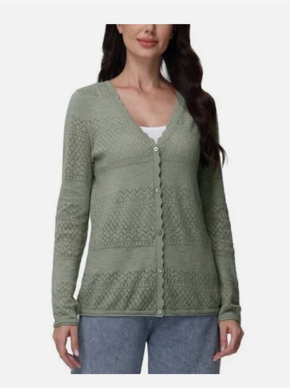 FRYE Sage Green Pointelle Knit Cardigan Sweater M Boho Cottagecore Scalloped